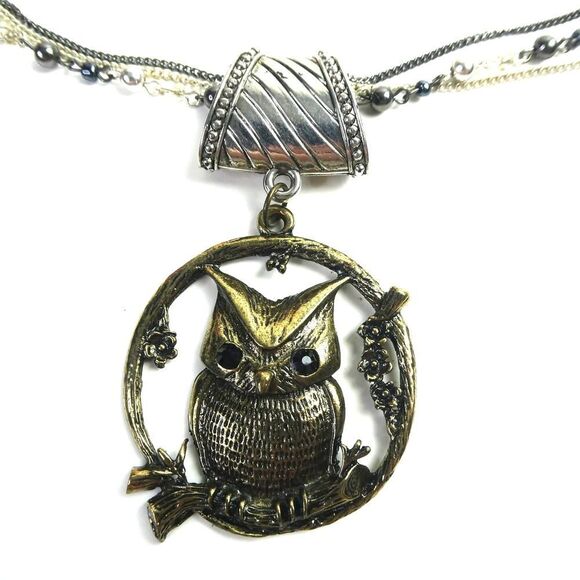 Multi Strand Beaded Chain Necklace Large Owl Flower Frame Pendant Boho Festival - Picture 1 of 9